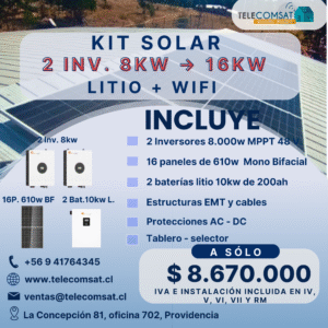 Kit Promo N°4 2 Inversores 8000 Watts MPPT 16P610w - 2 Baterías Litio 10Kwh - Instalación