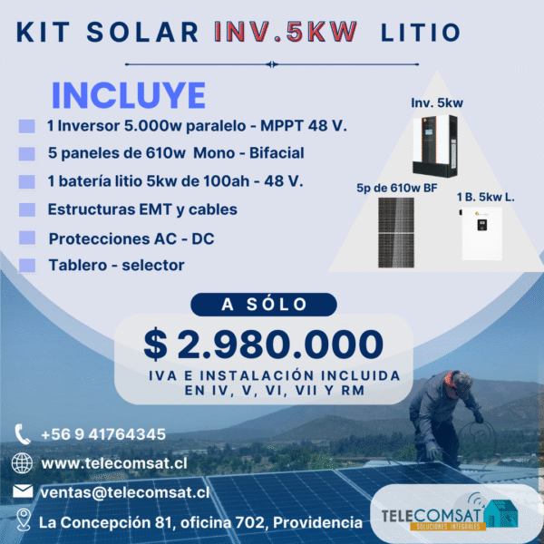 Kit Promo N°5 Inversor 5000 Watts MPPT 5P610w - 1 Batería Litio 5kwh - Instalación