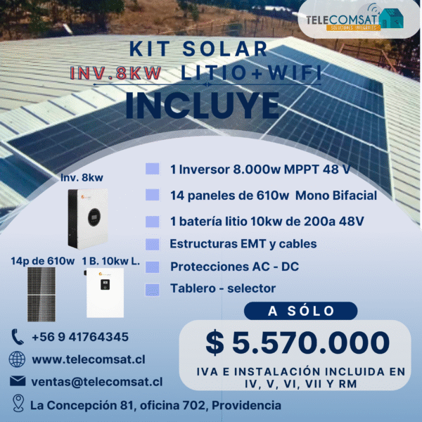 Kit Promo N°3 Inversor 8000 Watts MPPT 14P610w - 1 Batería Litio 10kwh - Instalación