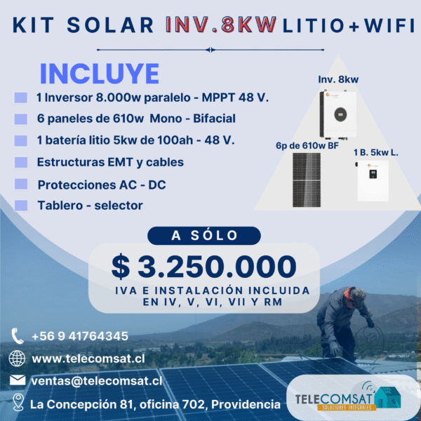Kit Promo N°1 Inversor 8000 Watts MPPT FS - 48V. - 6P610w - 1 Baterias de Litio 5kw + Instalación