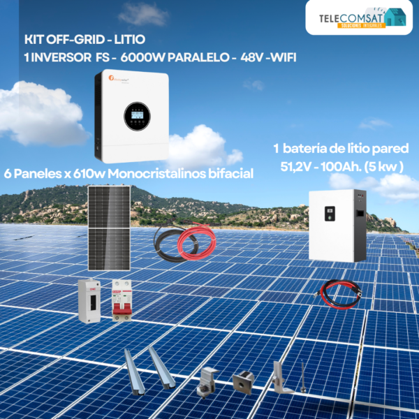 Kit B Inversor 6.000 Watts Alta Eficiencia-MPPT- Batería de Litio 5kw - Paneles 610w